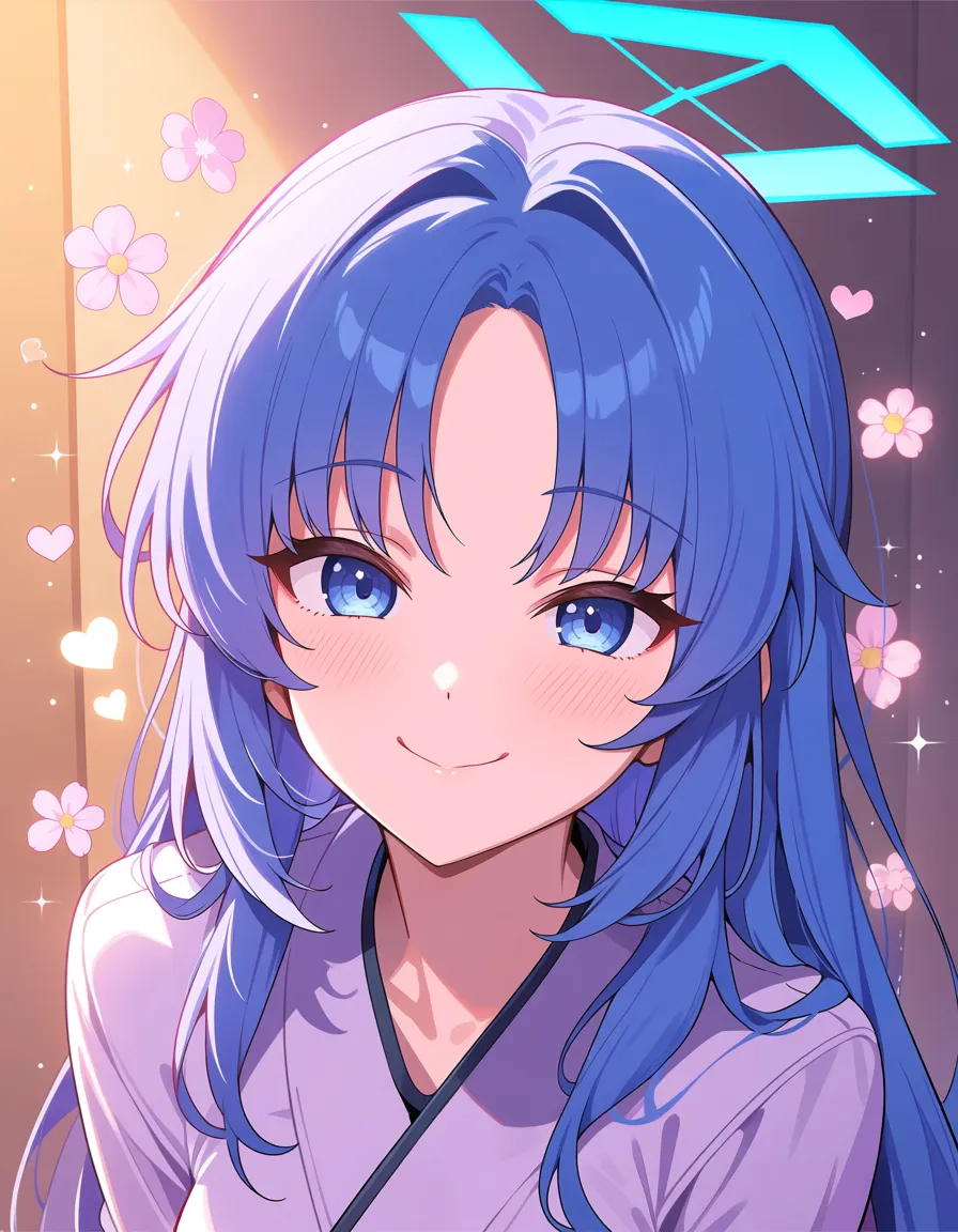 masterpiece, best quality, high quality anime illustration, 2D anime, 1girl, solo, Yuuka Hayase, Blue Archive, Millennium Science School, long blue hair, blue eyes, blue geometric halo above head, recognizable official character design, beautiful detailed eyes, cute expressive face, gentle blush, soft smile, fluffy pastel aesthetic, Fuwa-Fuwa style, soft pastel colors, lavender and powder blue palette, delicate anime lineart, soft shading, smooth color gradients, warm ambient lighting, dreamy atmosphere, cute decorations, tiny sparkles, floating hearts, flowers, highly detailed hair, detailed clothing, polished illustration,After that, take off all her cloothes., hentai_studio_quality, hentai_studio_quality