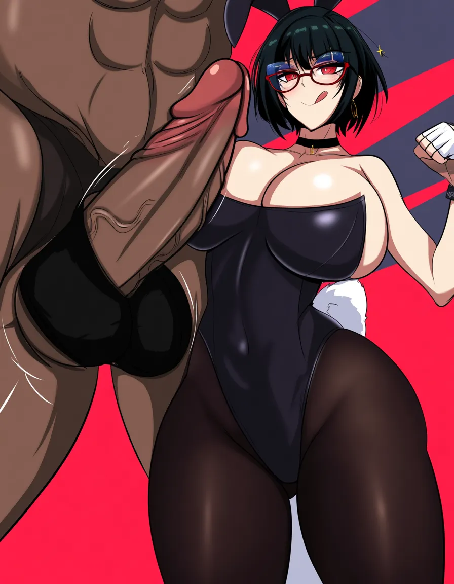 1girl short_hair black_hair red_eyes eyewear_on_head glasses thighhighs curvy thick_thighs 1boy   nude muscular_male long_bangs penis large_penis sex_from_behind hentai_studio_quality,, hentai_studio_quality