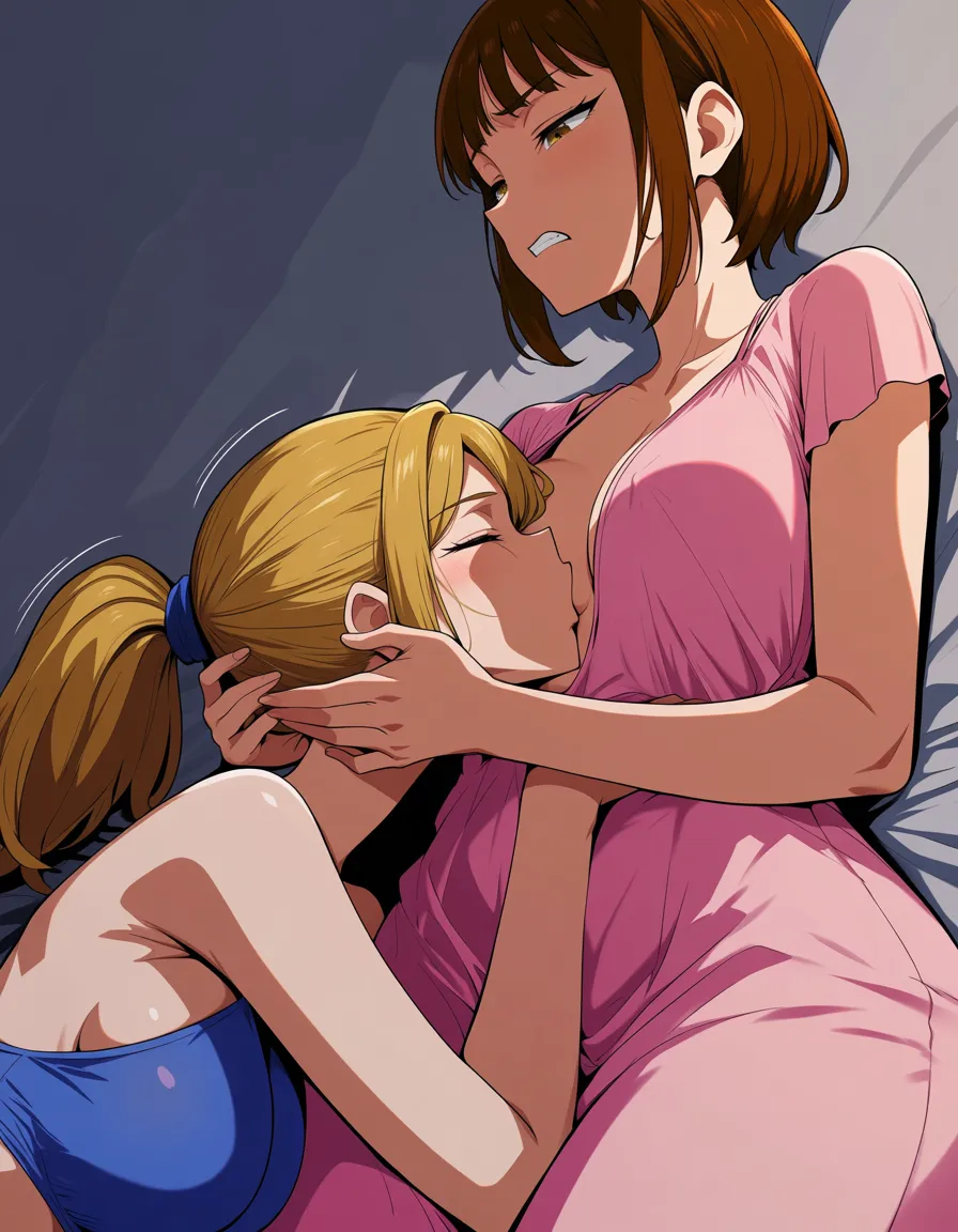 one women skinny, nightdress, ponytail brown hair, small breast_sucking , one women bikini_under_clothes, blond short hair, lying bed, hands on breast under clothes,, hentai_studio_quality, hentai_studio_quality, hentai_studio_quality, pain face,, hentai_studio_quality, hentai_studio_quality