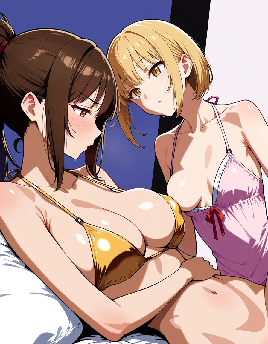 one women skinny, nightdress, ponytail brown hair, small_breasts , breast_sucking , one women bikini_under_clothes, blond short hair, lying bed, hands_on_own_face , hentai_studio_quality,, hentai_studio_quality, hentai_studio_quality, hentai_studio_quality, hentai_studio_quality