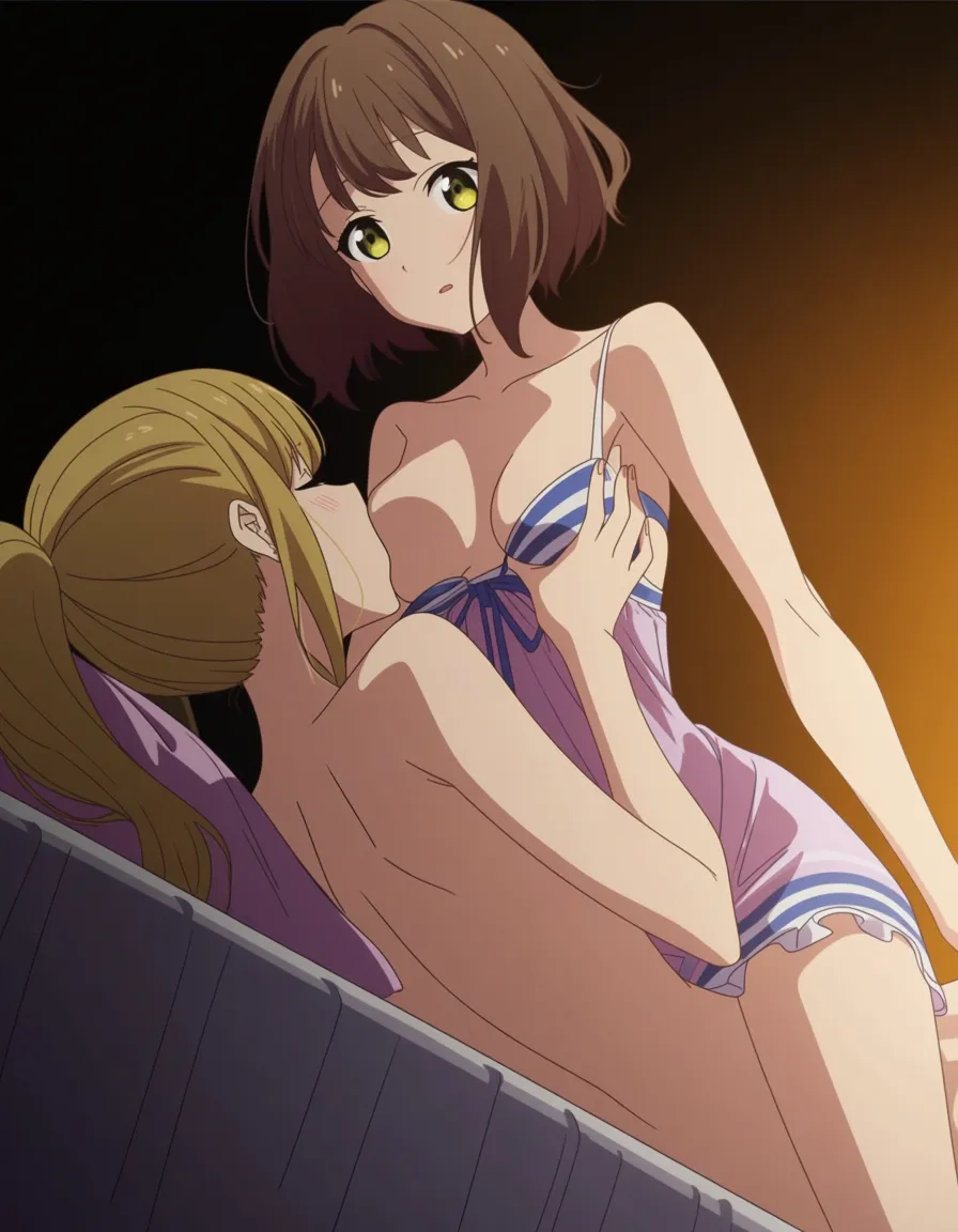 one women skinny, nightdress, ponytail brown hair, small_breasts , breast_sucking , one women bikini_under_clothes, blond short hair, lying bed, hands_on_own_face , hentai_studio_quality,, (anime style:1.3), 2d, anime screencap, cel shading, flat color, hentai_studio_quality