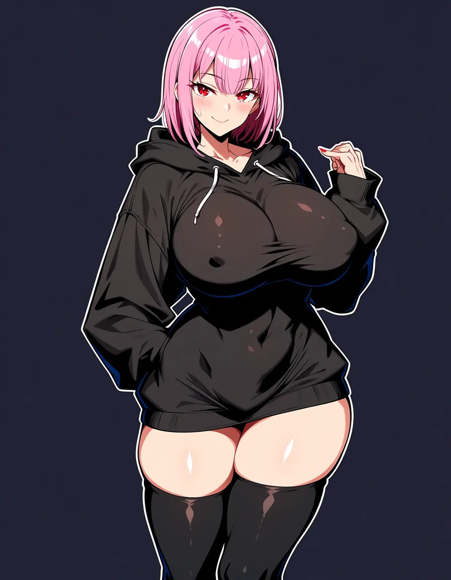 1girl pink_hair red_eyes huge_breasts huge_ass thighhighs black_hoodie covered_nipples hot hentai_studio_quality, hentai_studio_quality, hentai_studio_quality