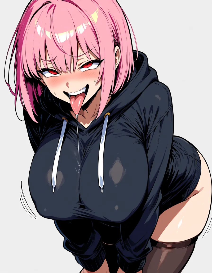 1girl pink_hair red_eyes huge_breasts huge_ass thighhighs Slim waist black_hoodie ahegao hot no_pants saliva_trail,, hentai_studio_quality