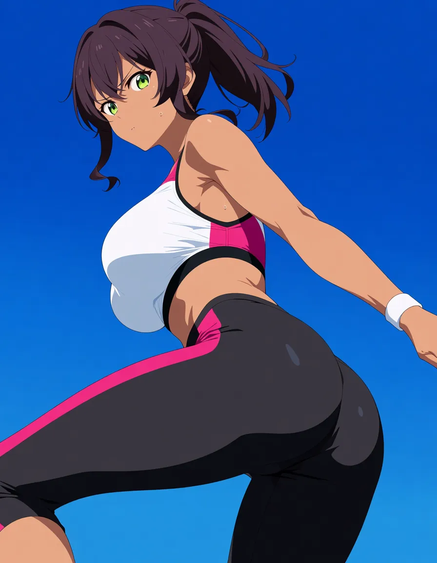 highly detailed, vibrant, fitness model, presenting, dark-skinned female, bowtie, sky, 2D illustration, (anime style:1.3), 2d, anime screencap, cel shading, flat color