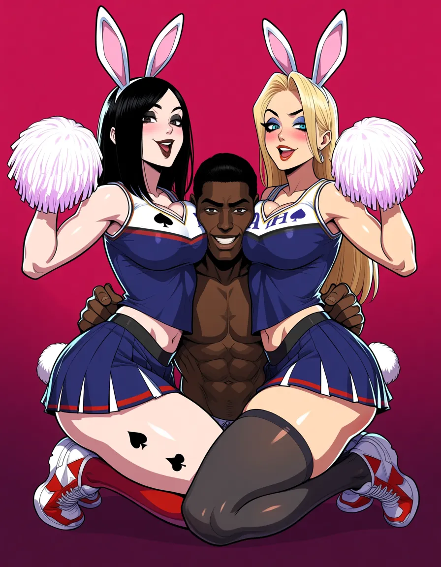 masterpiece, vivid, clean art, 2girls, 1boy, dark-skinned_male , long_hair, eager , encouraging, playboy_bunny , goth, black_hair , perfect feet , thighhighs, rabbit_ears , rabbit_tail, makeup , thighs , perfect_face, perfect_anataomy, perfect_proportions, spade tattoo on thigh, skirt, cheerleader , blush, light_smile, BBC, interacial man, kneeling , dynamic, ass_visible_through_thighs , heart-shaped_pupils , pom_pom_(clothes) ,, hentai_studio_quality, hentai_studio_quality