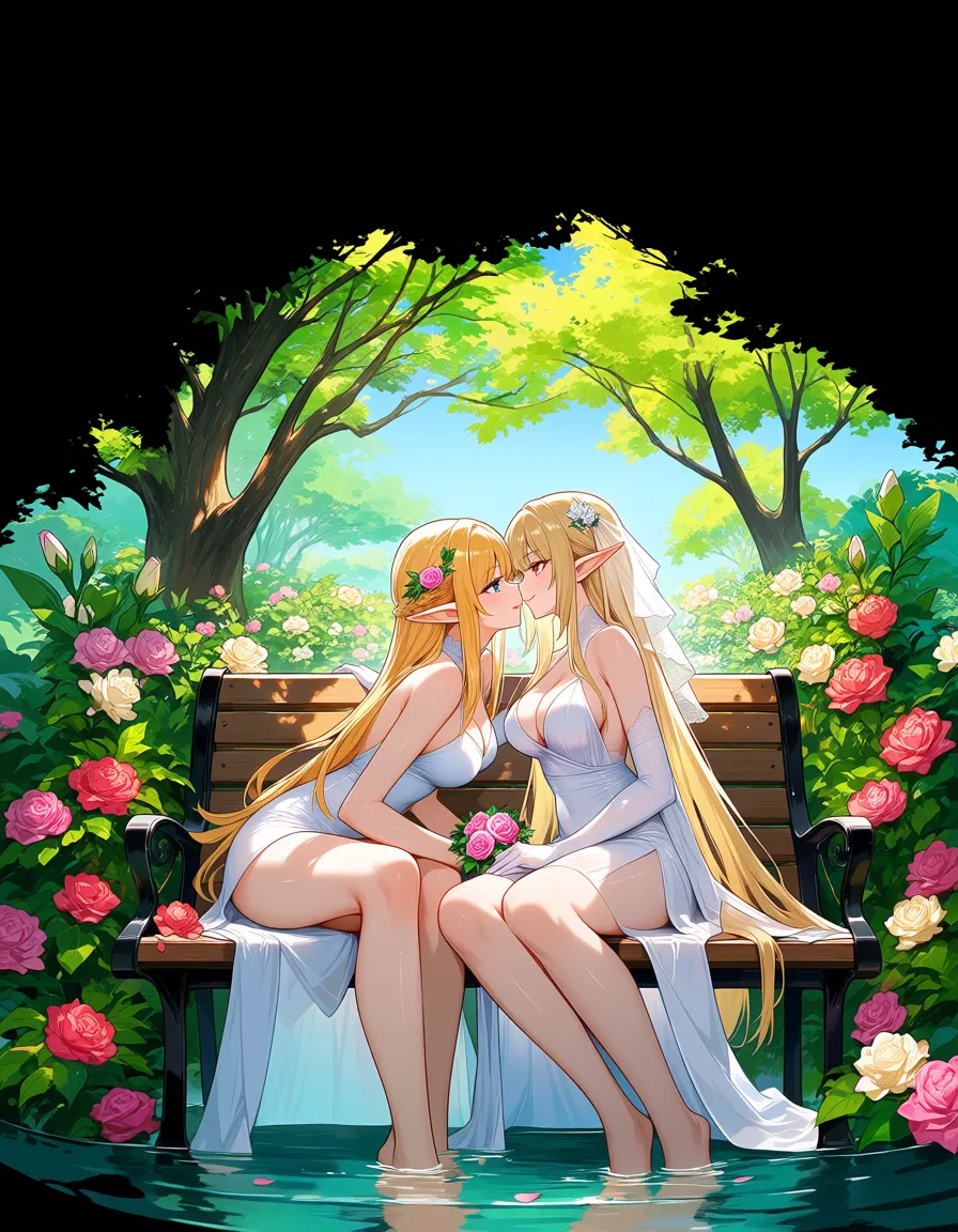 femdom, elf, yuri, 2girls, white_dress, princess_carry, bridal_veil, imminent_kiss, water, tree, bench, floral_background, head_wreath, hentai_studio_quality