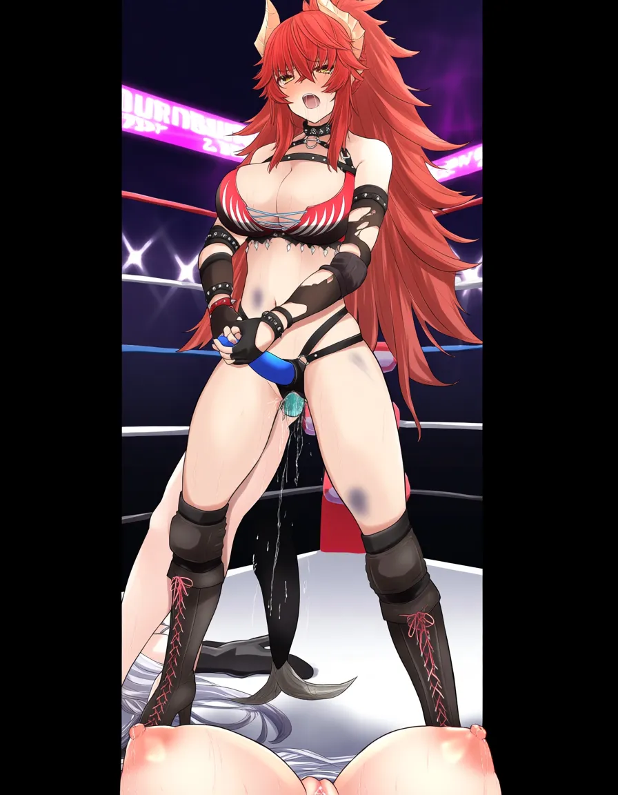 @houshou_marine , zentreya_(vtuber)-red-hair-dragon-horns , 2girls yuri sex , wrestling_ring,  orgasm pussy_juice, defeated,, bruises, strap-on, vaginal_object_insertion, anal_object_insertion, hentai_studio_quality, hentai_studio_quality