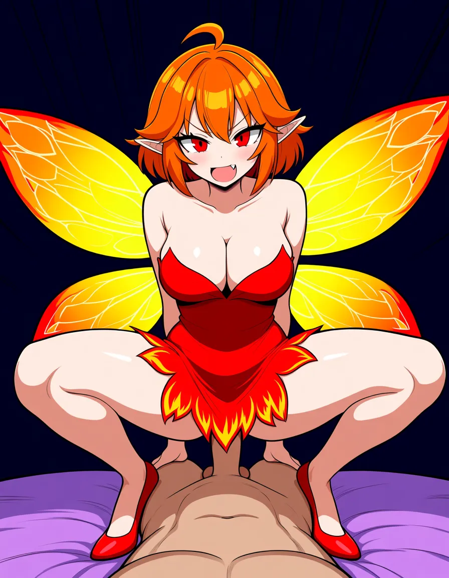 masterpicece, absurdres, best quality, very detailed, sharp, 1boy, 1girl, short_hair, red_eyes, ahoge, orange_hair, fang, medium_breasts, red short dress with flame coloured leaf shaped edges, fairy wings, breast cups, cleavage, red high_heels, bare legs, sex, squatting cowngirl position, arched_back, hentai_studio_quality