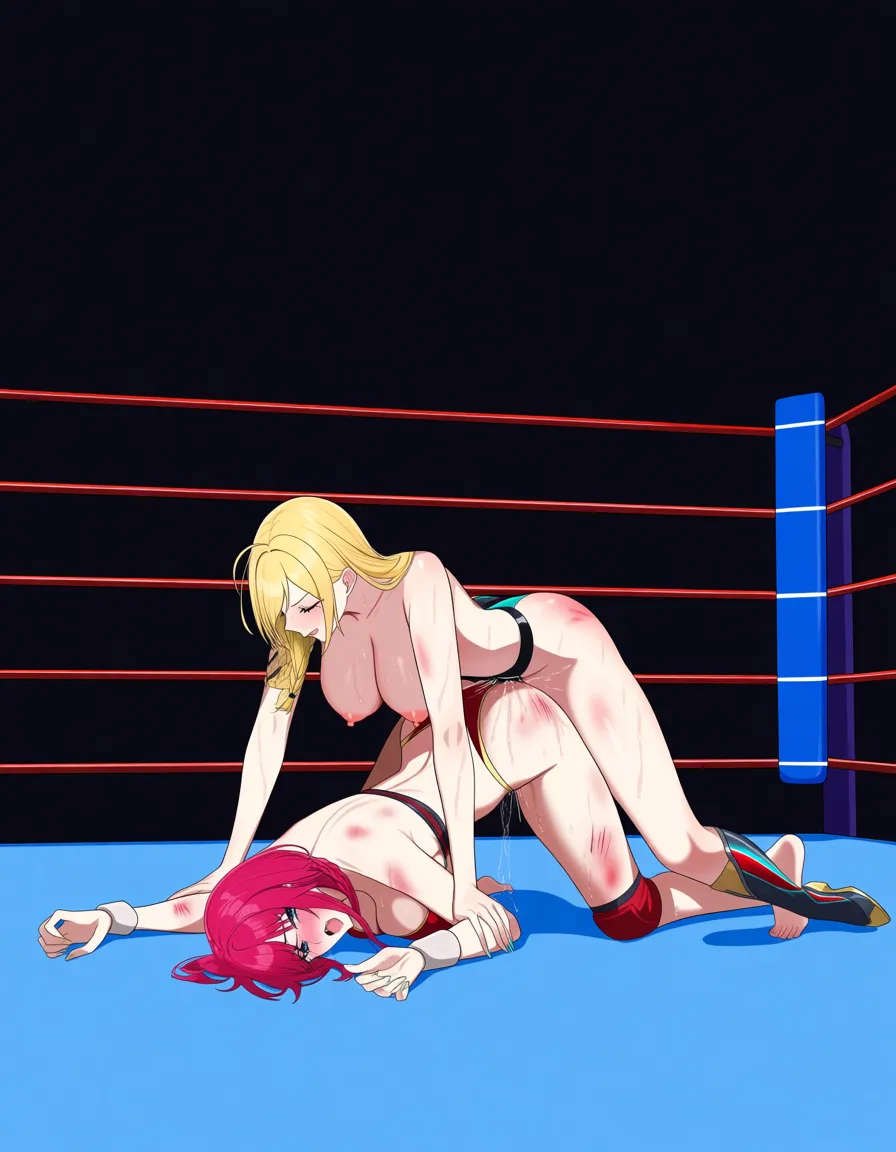 Majin_android_21 , @byleth_(fire_emblem) , 2girls yuri sex , wrestling_ring, wrestling orgasm pussy_juice, defeated, squirting , bruised, sweat vaginal strap-on vaginal, doggystyle all_fours, hentai_studio_quality