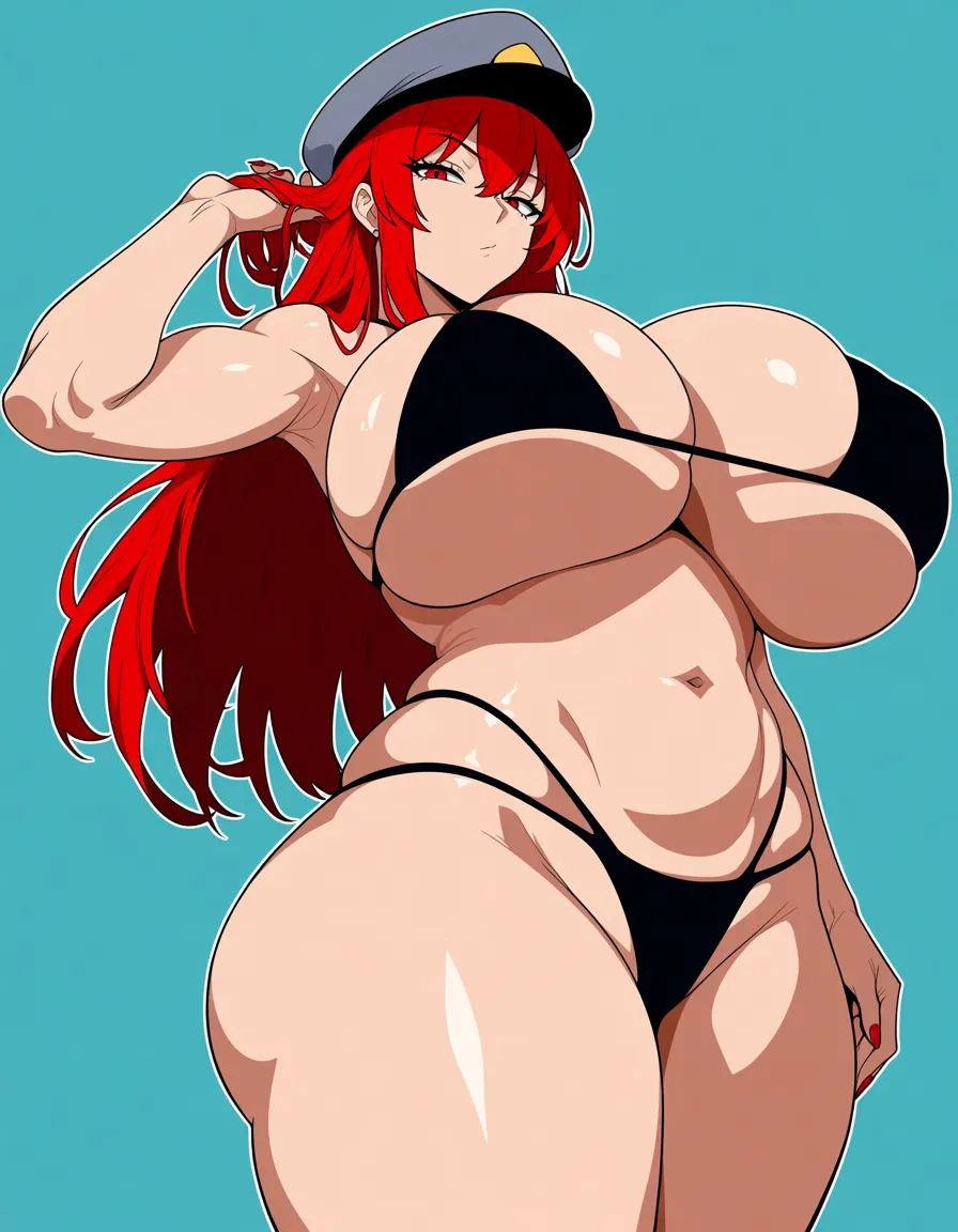 A milf in black bikini and with grey admiral cap, red hair, red eyes, with thick thighs, massive ass and massive breasts, hentai_studio_quality