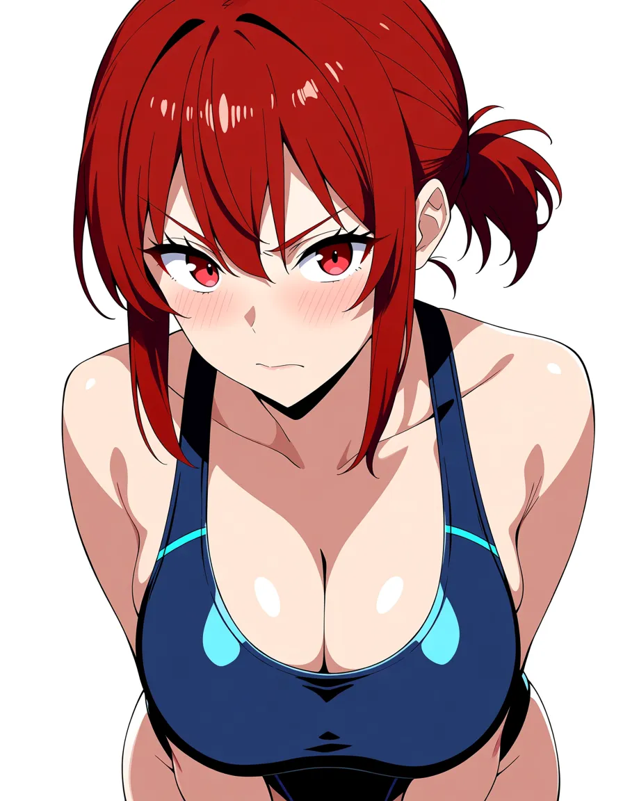 masterpiece, best quality, redhead woman, short ponytail, red eyes, swimsuit, doggy style, large breasts, anime style, hentai_studio_quality