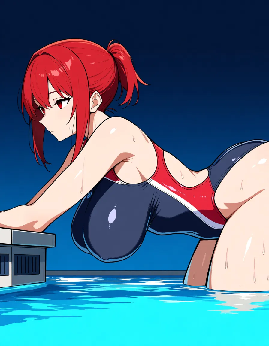 masterpiece, best quality, redhead woman, short ponytail, red eyes, swimsuit, vaginal, large breasts, expressionless, pool, anime style, hentai_studio_quality