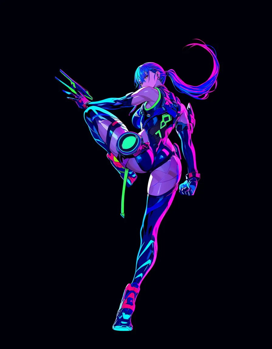 8k, sharp focus, detailed skin, multiple girls, ponytail, gloves, leg up, neon glow, 8k uhd photo, hentai_studio_quality