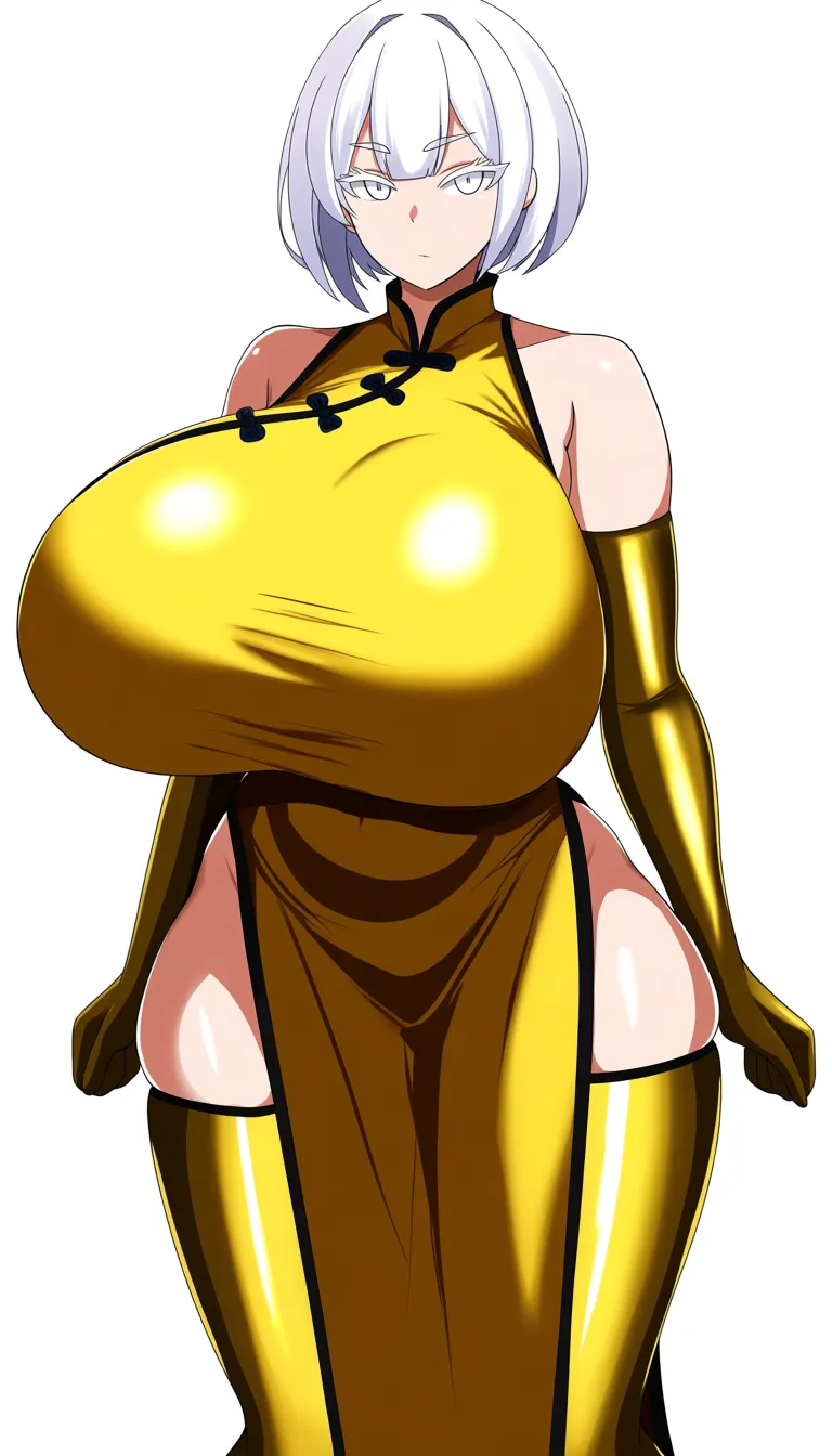 Girl. Chinese. Gyaru. tight-fitting Chinese dress. White hair, white eyes, white eyelashes, white eyebrows. gigantic breasts. chubby Sexy. Prostitution. Gold form-fitting long rubber gloves. Gold form-fitting rubber stockings., hentai_studio_quality