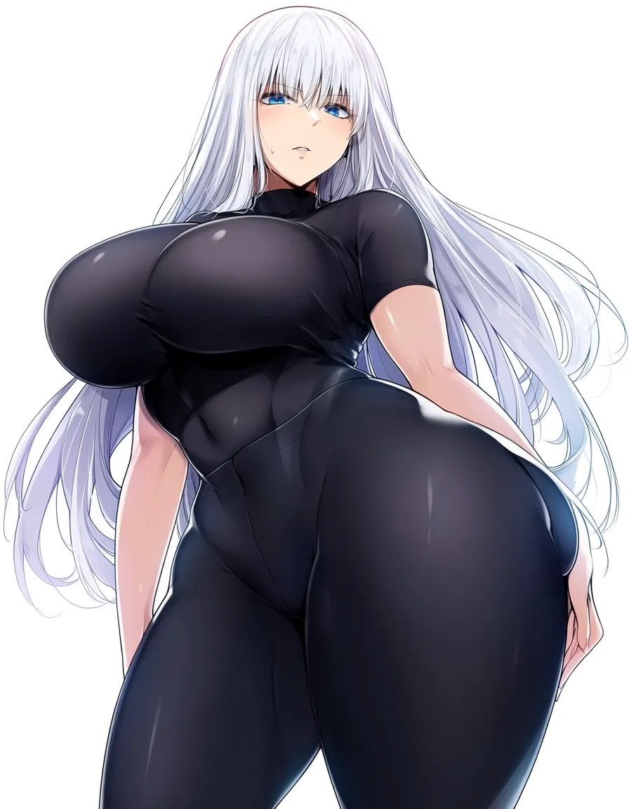 @gojou_satoru genderswap skin_tight black_shirt huge_breasts huge_ass pants_pull curvy long_hair white_hair white_background standing, hentai_studio_quality thick_thighs looking_at_viewer in, hentai_studio_quality