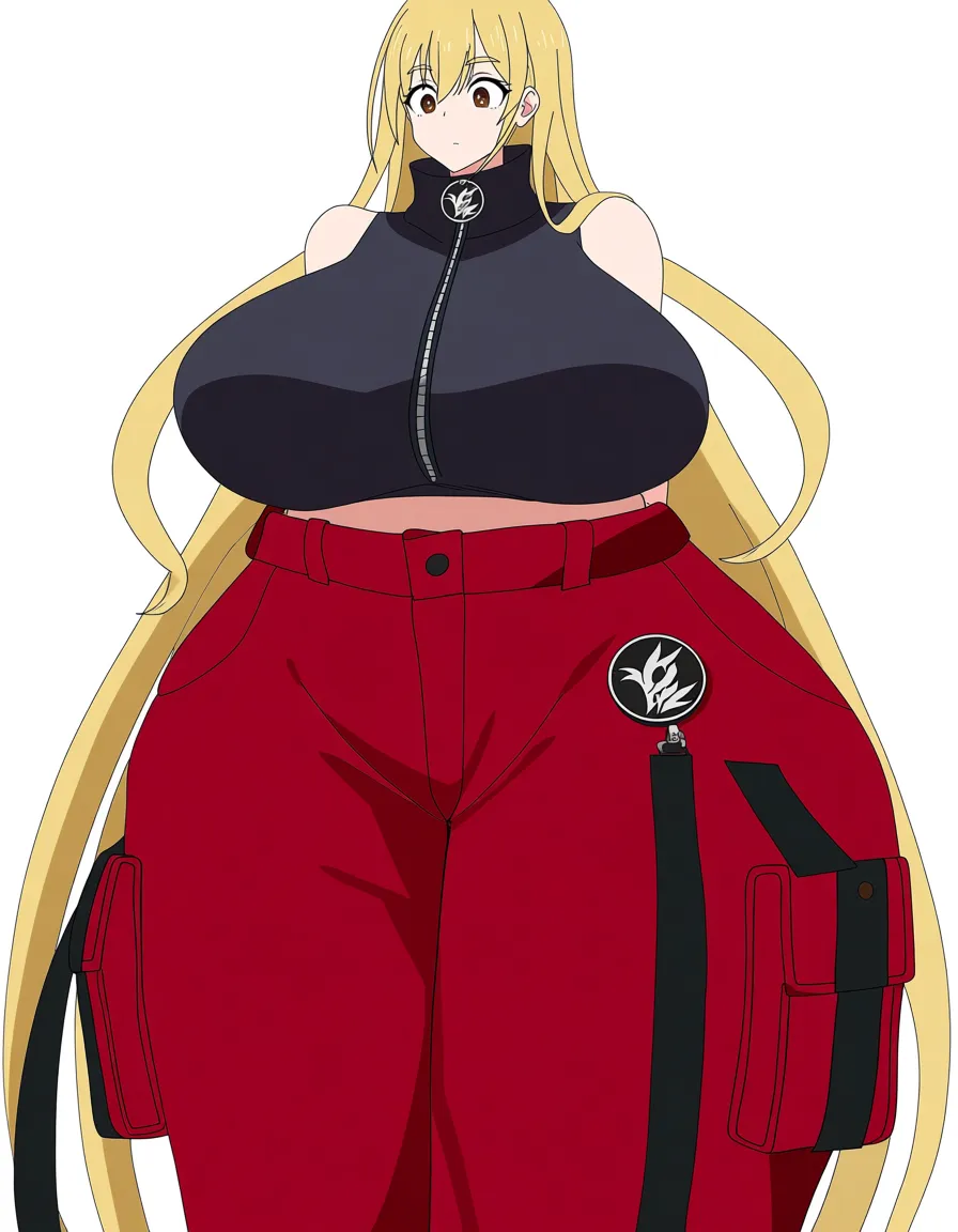 Yuki Tsukumo has a curvy body with huge breast, huge ass and thick thighs. She has long blonde hair that extends well down her back. She has wide brown eyes with thin eyebrows. Yuki wears a black sleeveless turtleneck top with a zipper on the neck and the crest on the zipper’s button. This attire continues with Red baggy cargo pants, which also carries a button with the same crest, with large black vertical lines on the pockets that has black ribbons attached to the pockets. bedroom red_pants undressing one_breast_out horny mature_female, (anime style:1.3), 2d, anime screencap, cel shading, flat color