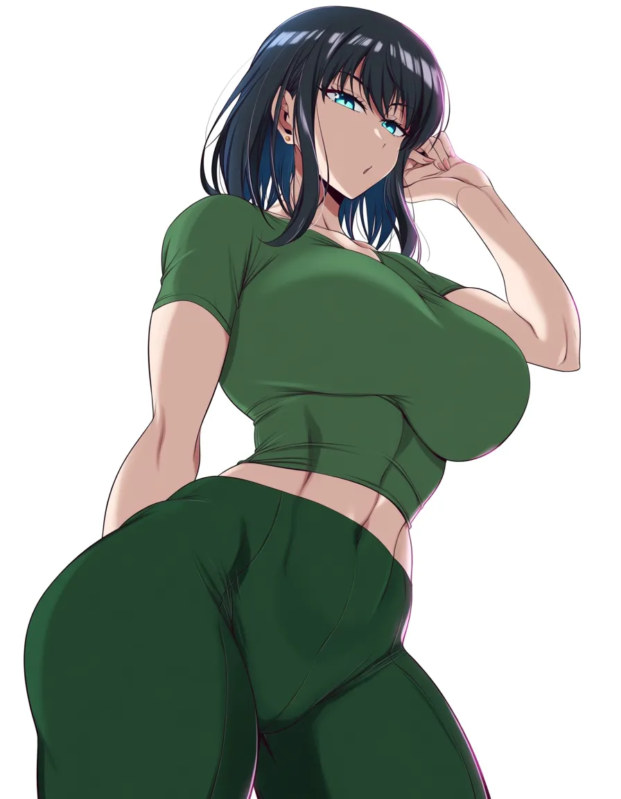 @fubuki_(one-punch_man) huge_breasts huge_ass curvy thick_thighs city green_shirt green_pants white_scarf tight_clothes, hentai_studio_quality