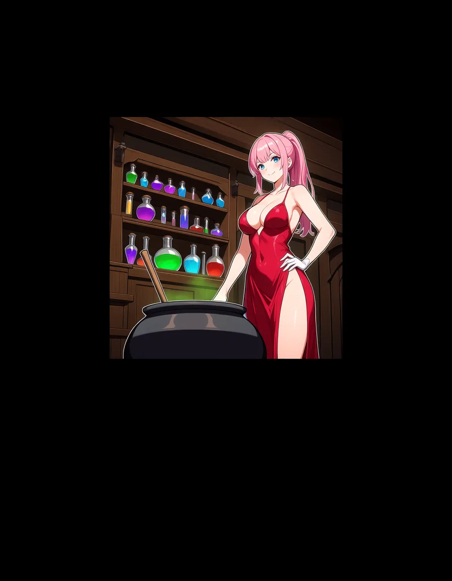 futanari, pink_hair, ponytail, blue_eyes, medium_breasts, wide_hips, witch costume, long_dress, smile, indoors, cauldron, potion shelves, hentai_studio_quality