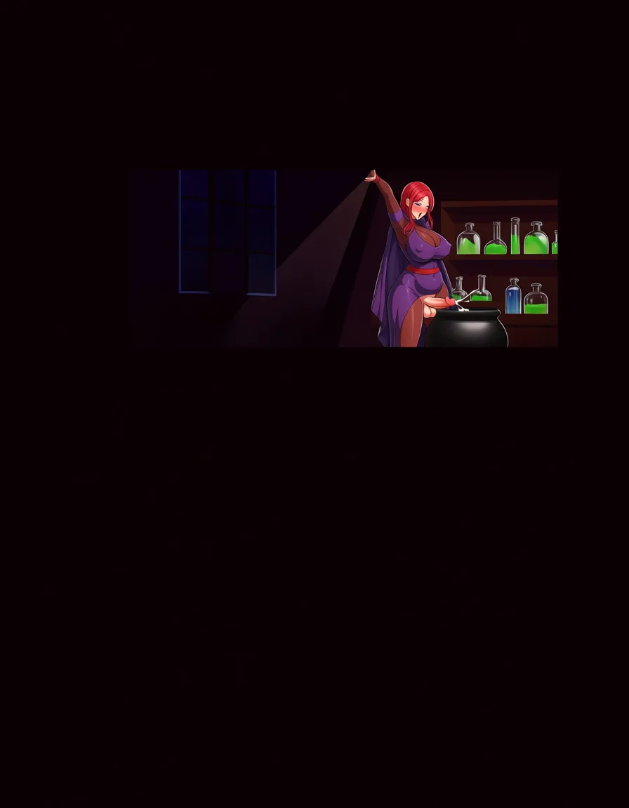 futanari, plump, red_hair, purple_eyes, large_breasts, large ass, witch costume, long_dress, ahegao, masturbation, legs_up, penis, pussy, ejaculation, cum , indoors, cauldron, potion shelves, hentai_studio_quality