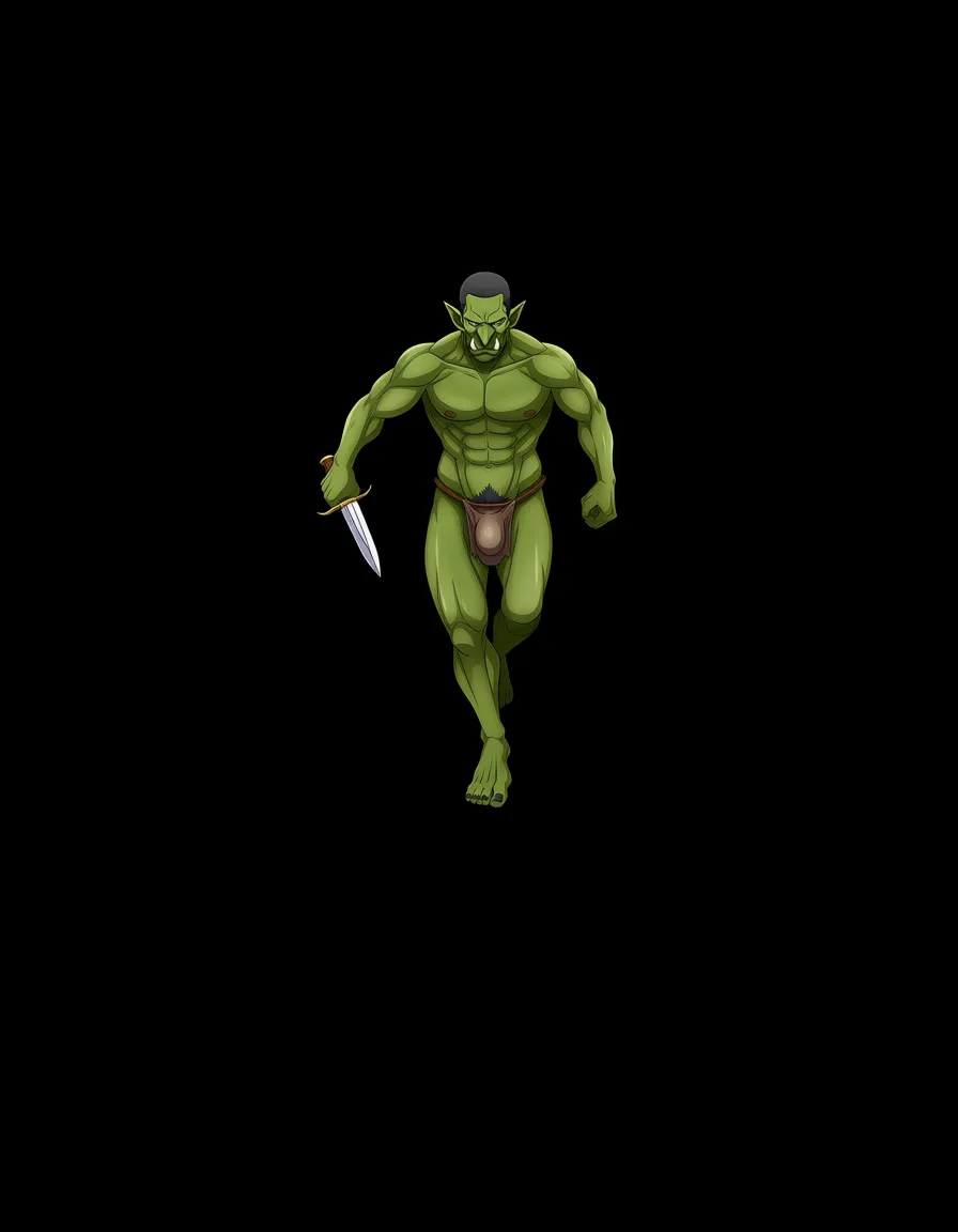 A small male green-skinned goblin holding a dagger in a forest at night; he wears a small loincloth with a large bulge and is very masculine, featuring pubic hair, very short hair, and masculine facial features., hentai_studio_quality