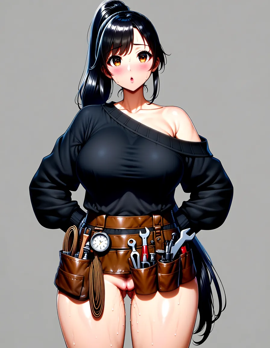 The girl is around 22-25 years old, carrying a seductive beauty mixed with a mischievous charm. Her face is a refined oval shape, with large round warm brown eyes, long eyelashes, and cheeks slightly flushed from the heat. Her long, glossy black hair is tied high in a ponytail, but a little naturally messy: a few strands of bangs fall down both sides of her cheeks, while the long tail cascades down her back, giving off a lively yet sexy vibe.
Figure: She possesses a perfect hourglass body. Her breasts are full and ample at F-cup size — plump, firm, and perfectly round. Her waist is slim and narrow, her hips wide and alluring, creating clear sensual curves. Her skin is smooth and fair, lightly glistening with sweat from the hot environment inside the hot-air balloon cabin.
Outfit:
• Upper body: A thin black oversized sweater, soft and slightly sheer wool fabric. It has long sleeves but is pulled down off one shoulder, revealing her round shoulder and a portion of her full breasts. The body of the sweater is quite loose, lightly hugging the curves of her chest, creating a half-covered, half-exposed feel.
• Around the hips: A sturdy brown leather tool belt in the style of an engineer’s tool belt, packed full of specialized hot-air balloon equipment: wrenches, a pressure gauge, ropes, small welding tools, a leather pouch holding bolts and other mechanical devices. The belt cinches lightly around her waist, emphasizing her wide hips.
•
She is working on the deck… Since this job is mostly done alone and she works in this cabin, exposing her pink, wet, tight, aroused pussy that is slightly spread open and lightly swollen… with neat, thin pubic hair and a rosy pink anus that looks easy to spread., hentai_studio_quality