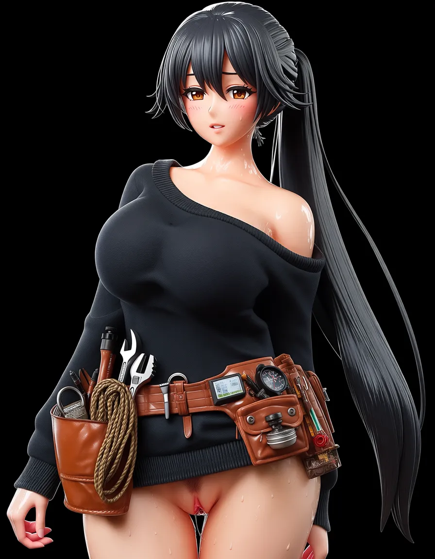 The girl is around 22-25 years old, carrying a seductive beauty mixed with a mischievous charm. Her face is a refined oval shape, with large round warm brown eyes, long eyelashes, and cheeks slightly flushed from the heat. Her long, glossy black hair is tied high in a ponytail, but a little naturally messy: a few strands of bangs fall down both sides of her cheeks, while the long tail cascades down her back, giving off a lively yet sexy vibe.
Figure: She possesses a perfect hourglass body. Her breasts are full and ample at F-cup size — plump, firm, and perfectly round. Her waist is slim and narrow, her hips wide and alluring, creating clear sensual curves. Her skin is smooth and fair, lightly glistening with sweat from the hot environment inside the hot-air balloon cabin.
Outfit:
• Upper body: A thin black oversized sweater, soft and slightly sheer wool fabric. It has long sleeves but is pulled down off one shoulder, revealing her round shoulder and a portion of her full breasts. The body of the sweater is quite loose, lightly hugging the curves of her chest, creating a half-covered, half-exposed feel.
• Around the hips: A sturdy brown leather tool belt in the style of an engineer’s tool belt, packed full of specialized hot-air balloon equipment: wrenches, a pressure gauge, ropes, small welding tools, a leather pouch holding bolts and other mechanical devices. The belt cinches lightly around her waist, emphasizing her wide hips.
•
She is working on the deck… Since this job is mostly done alone and she works in this cabin, exposing her pink, wet, tight, aroused pussy that is slightly spread open and lightly swollen… with neat, thin pubic hair and a rosy pink anus that looks easy to spread., hentai_studio_quality, hentai_studio_quality