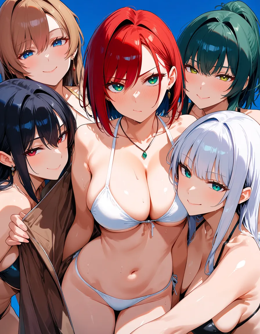 masterpiece, fine detail, 5girls, facesitting, navel, red hair, hentai style, hentai_studio_quality