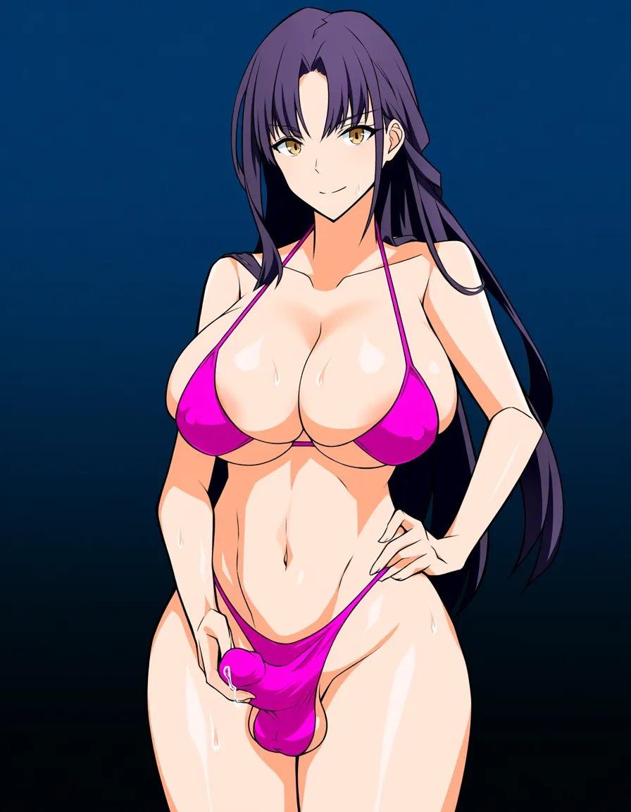 @hyuuga_hinata  as adult bimbo futanari, massive tits, glossy oiled skin, tiny pink bikini, (cameltoe:1.2), (massive bulge:1.7), erect penis tenting bikini bottom, dripping, standing, hand on bulge, looking at viewer, nsfw, hentai, hentai_studio_quality, (anime style:1.3), 2d, anime screencap, cel shading, flat color, hentai_studio_quality, (anime style:1.3), 2d, anime screencap, cel shading, flat color