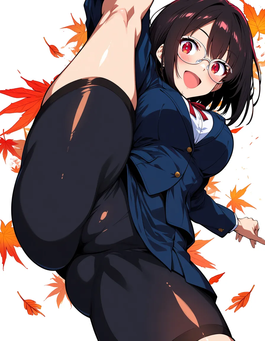 ultra detailed shading, solo, glasses, skirt, leg up, leaf, doujin style, hentai_studio_quality