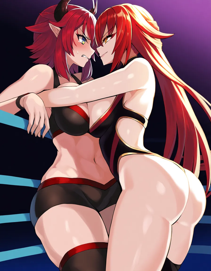 2girls , Best_quality, ultra_detailed, red_hair @zentreya_(vtuber)-dragon_horns , @urbosa , yuri sex ,wrestling_ring breast_press eye_contact wrestling , determined_expression,, from_side, standing,,, hentai_studio_quality