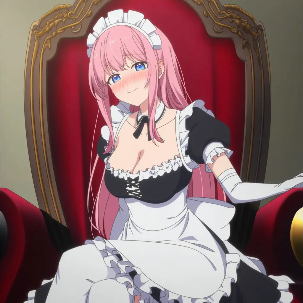 best quality, polished, maid, petite adult woman, elbow gloves, facesitting, military, shy smile, manga panel look, (anime style:1.3), 2d, anime screencap, cel shading, flat color