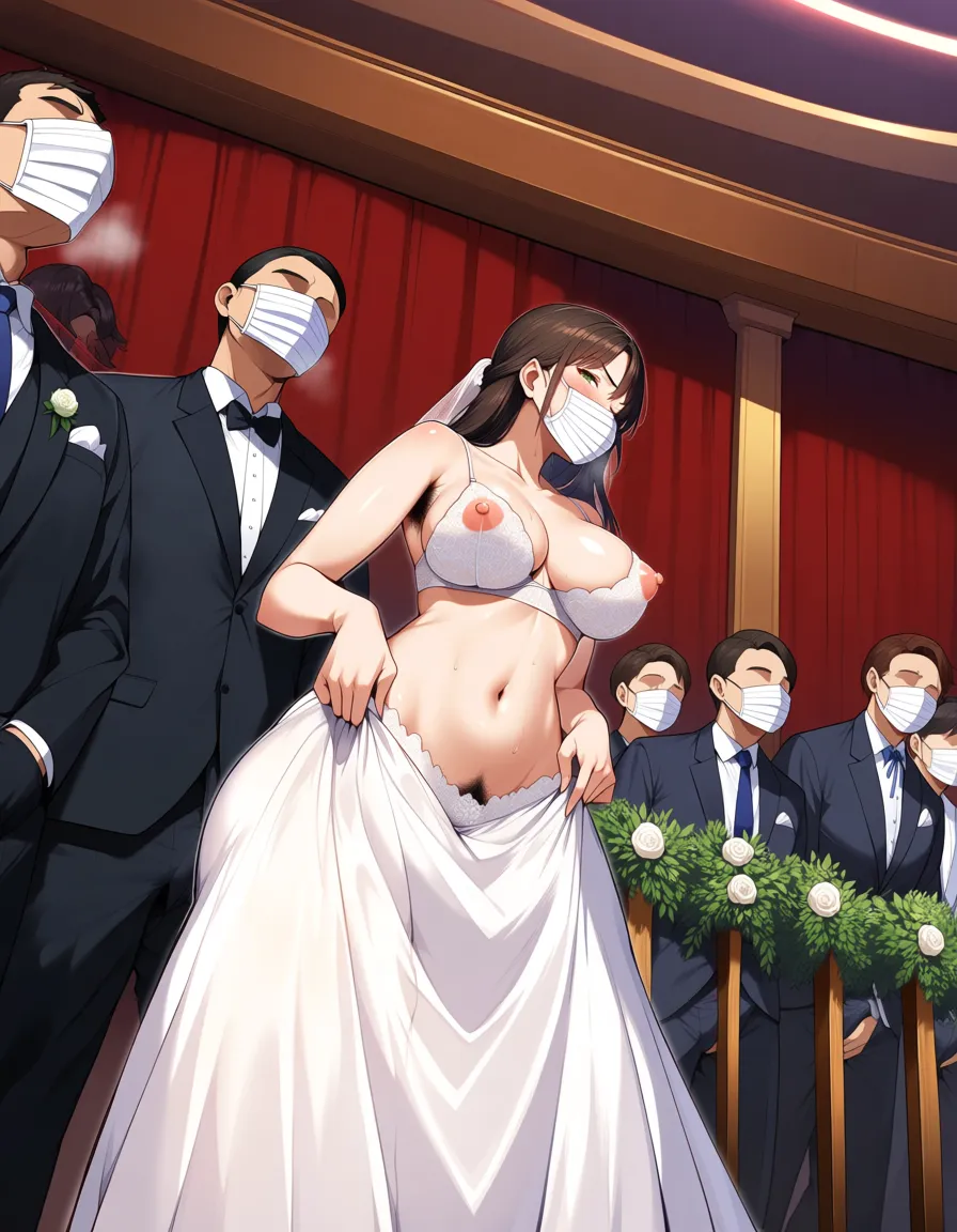 married woman
Cupless Bra Wedding Dress
hairiness
Armpit hair
Sweating
Pupil heart
Wedding venue
Sex in the center of the wedding hall
Several men wearing masks are watching
Several men wearing masks masturbating, hentai_studio_quality