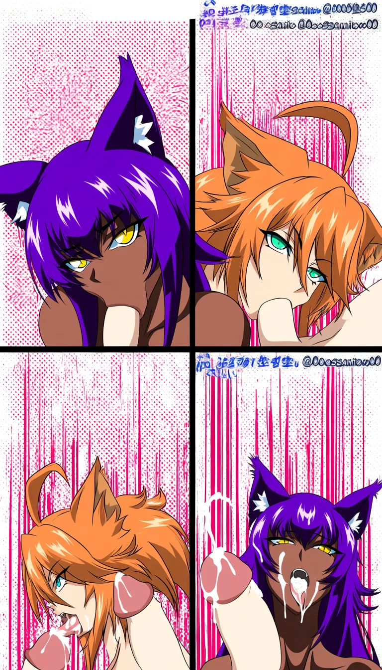 orange_hair, cat_girl, dark-skinned_female, purple hair, transgender_cat_girl, fellatio, oral, cum_in_mouth, slow_and_loving