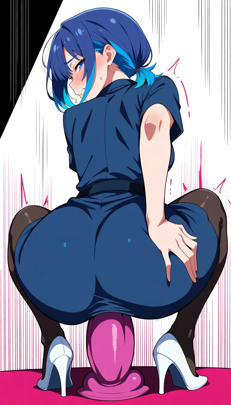highres, vivid, office lady, white footwear, dress, missionary, smoldering look, vivid anime colors, blue_eyes blue_hair short_twintails presenting anal toy clothing_aside, hentai_studio_quality, hentai_studio_quality, dildo riding
