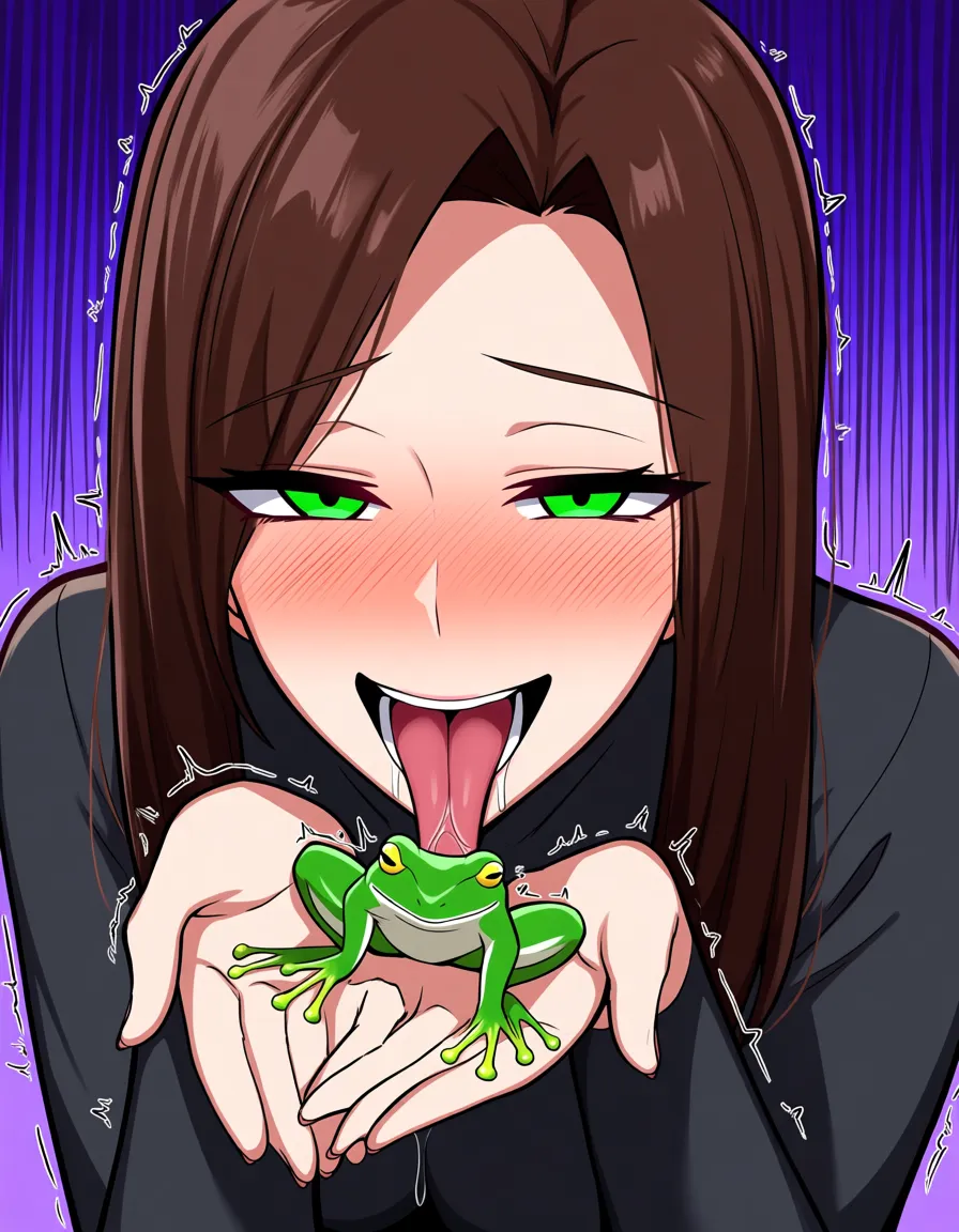 green_eyes blunt_bangs brown_hair long_hair mature_female, blushing, trembling, drooling, tongue_out, seductive_smile, smiling wickedly, nervous_sweating, heavy_breathing, holding a frog in her hands and licking it, hentai_studio_quality, hentai_studio_quality, hentai_studio_quality