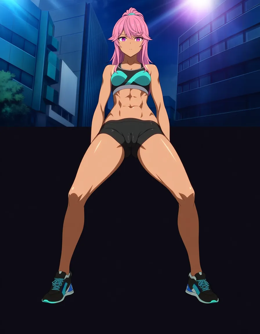 best quality, explicit detail,explicit anime render, black micro_shorts, soft teal sports_bra, rose pink_hair, royal purple_eyes, on_one_knee, spread_legs, cameltoe, cleft_of_venus athletic, abs, ponytail, long_hair, straight_hair, public_indecency, cityscape, straight-on, looking_at_viewer, looking_ahead, 1girl, solo_focus, Masterpiece, sharp_focus, best_lighting, highres, ultra_detailed, sunlight, small_breasts, tan, (anime style:1.3), 2d, anime screencap, cel shading, flat color,, (anime style:1.3), 2d, anime screencap, cel shading, flat color, full_body, nose_blush, hentai_studio_quality