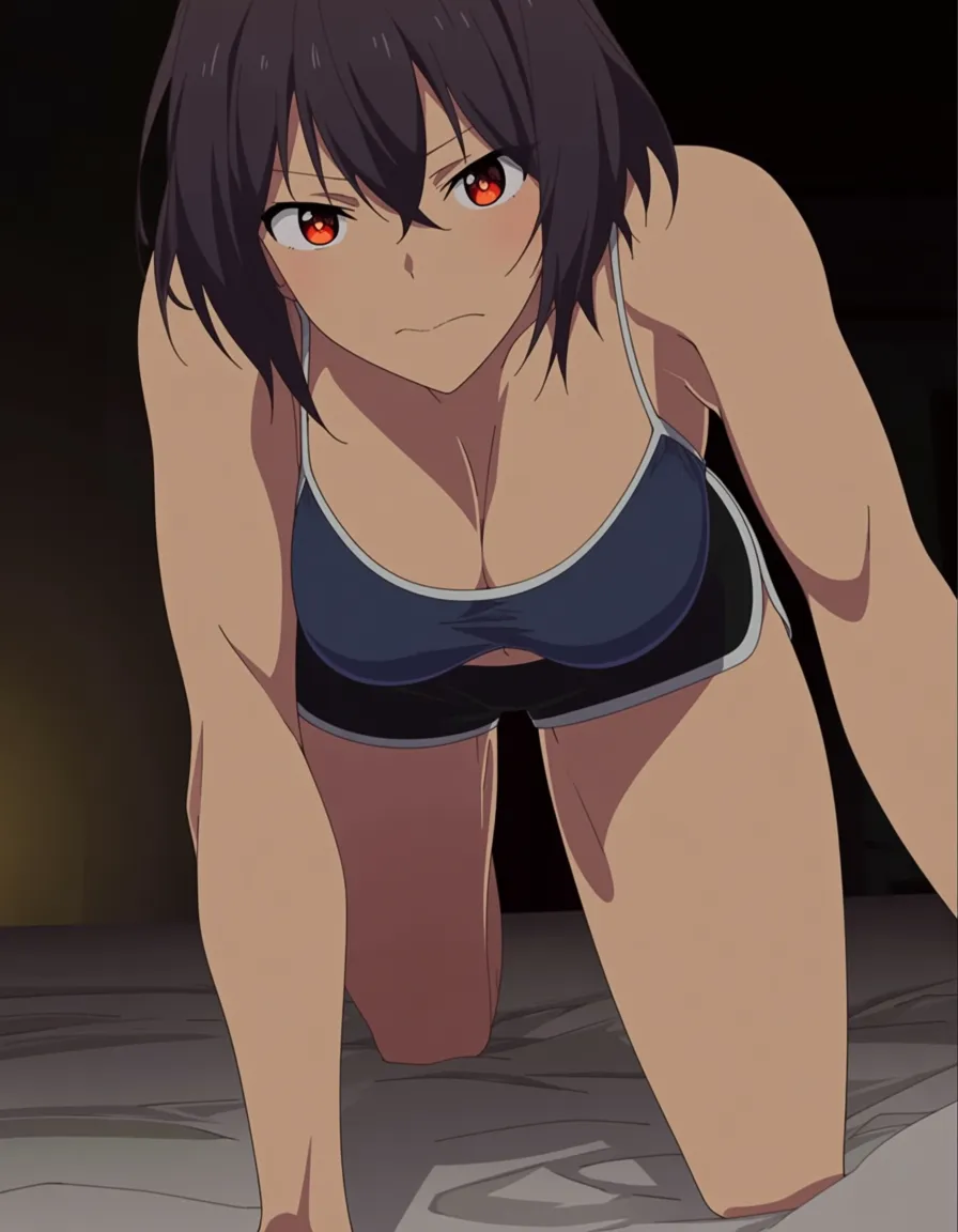 masterpiece, clean art, milf, abs, shorts, kneeling on bed, depth of field, detailed shading,, (anime style:1.3), 2d, anime screencap, cel shading, flat color