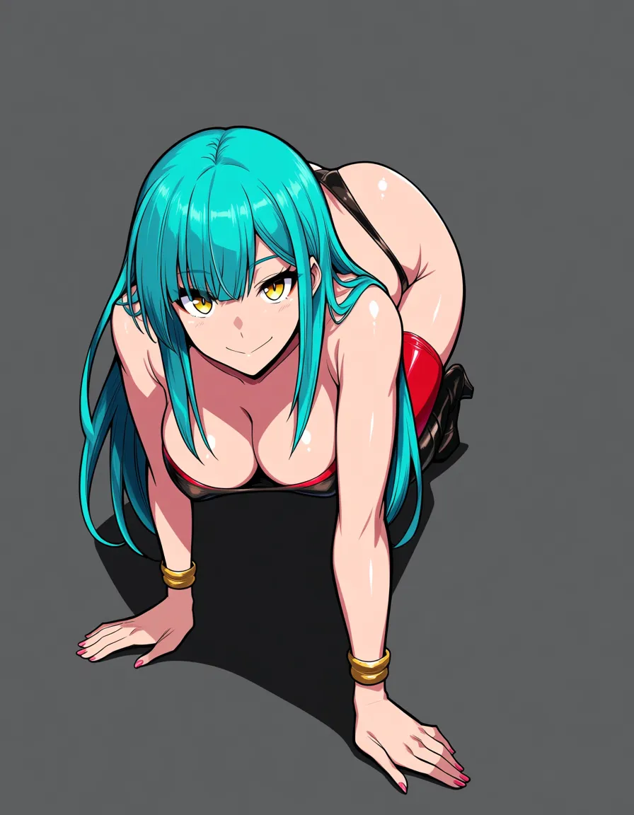 absurdres, highres, 1girl, on all fours, wide hips, aqua hair, grey background, hentai style, breasts_out, hentai_studio_quality