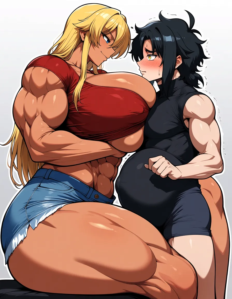 Giant muscular_female, petite male, adults, extreme size_difference, huge height_difference, female blonde_hair short_hair_with_long_locks , female sitting on_couch , shirt, female crop_top denim_shorts , assertive_female , dominant female looking_at_another, male sitting_on_lap, intimate, teasing, nervous blush male looking_up , male black medium_hair, female abs, female big biceps, female big shoulders, female thick_thighs, female huge_ass, female wide_hips, huge_breasts, gigantic tall female, bulging nipples, male sitting_on_person sitting_on_lap, male spread_legs, male bulge, male narrow_waist, lightweight male, domination, eye_contact, 21+ age, hentai_studio_quality