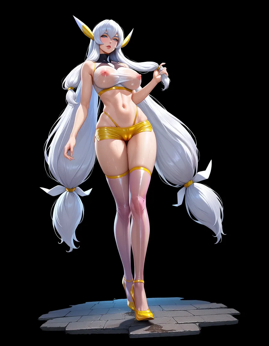 ultra detailed shading, masterpiece, clean art, highly_detailed, best_quality, hentai_studio_quality, realistic, sakuyamon, very_long_hair, white_hair, twintails, shiny_skin, shiny_clothes, alternate_costume, micro_shorts, partially_visible_vulva, walking, bimbo, cameltoe, high_heels, thighhighs, see-through_shirt, nipples, pussy_juice, fit_female, revealing_clothes, bimbo, full_body, solo_focus, street, public_indecency, slutty, from_below, wet, hentai_studio_quality