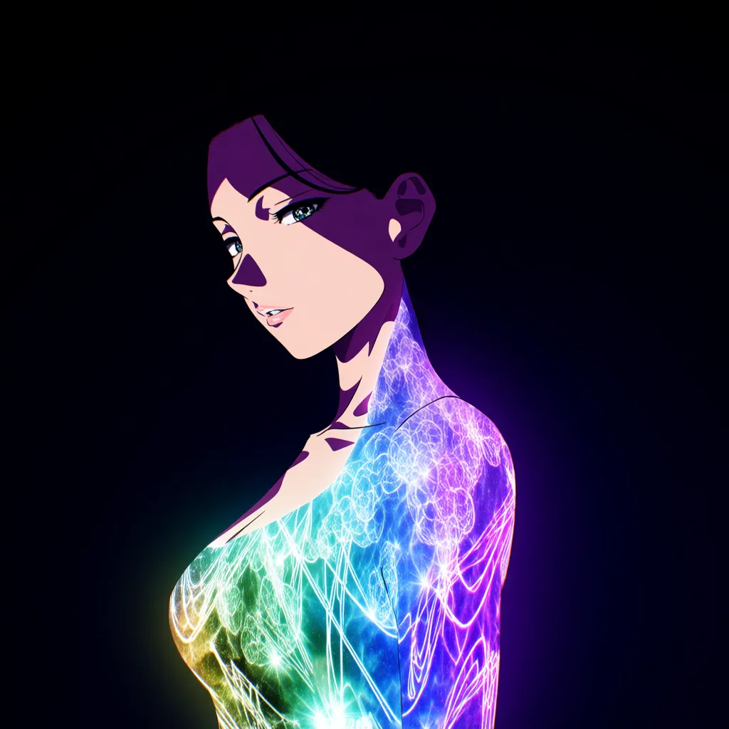 Intimate three-quarter view of a beautiful woman with psychedelic body art of glowing sacred geometry and flowing liquid light patterns across her shoulders and collarbones, wearing a low-cut but tasteful shimmering top that catches rainbow refractions, soft parted lips, bedroom eyes looking over her shoulder, background dissolving into fractal clouds and neon haze, soft dramatic lighting, ultra-detailed and captivating, (anime style:1.3), 2d, anime screencap, cel shading, flat color, @00osamio00