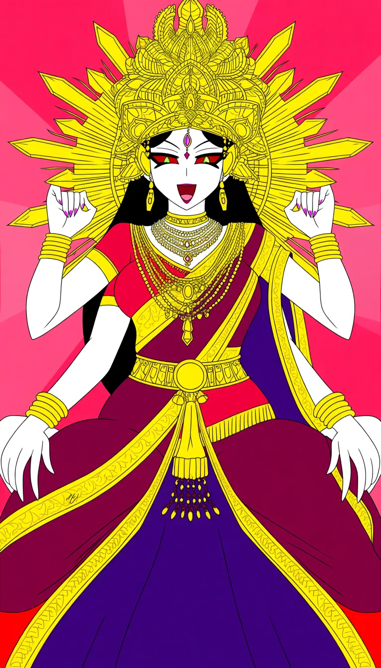 Adult Hindu Mother Goddess with multiple arms, traditional Hindu attire, POV sex, cowgirl Position, adorned in Indian jwellery, Goddess Mukut Crown,
