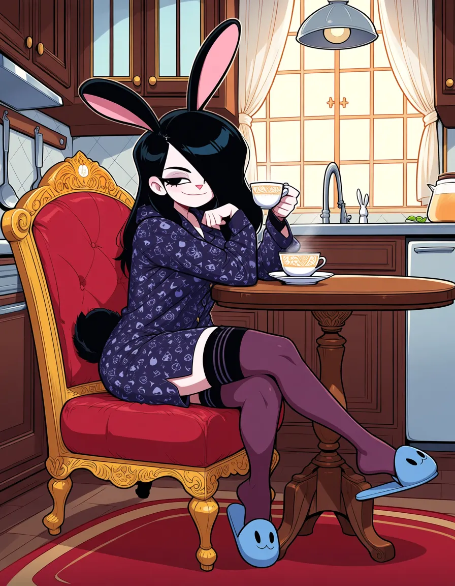 Perfect Anatomy, Perfect Hands, Perfect Feet, Perfect Proportions, 1girl, goth, rabbit ears, rabbit tail,  black hair, long hair, slippers, thighhighs, sitting, light smile, detailed background, queen of spades symbol, full body,  print pajamas, plushie, submissive, holding coffee cup, looking_at_viewer, cute, morning, kitchen, table,, hentai_studio_quality