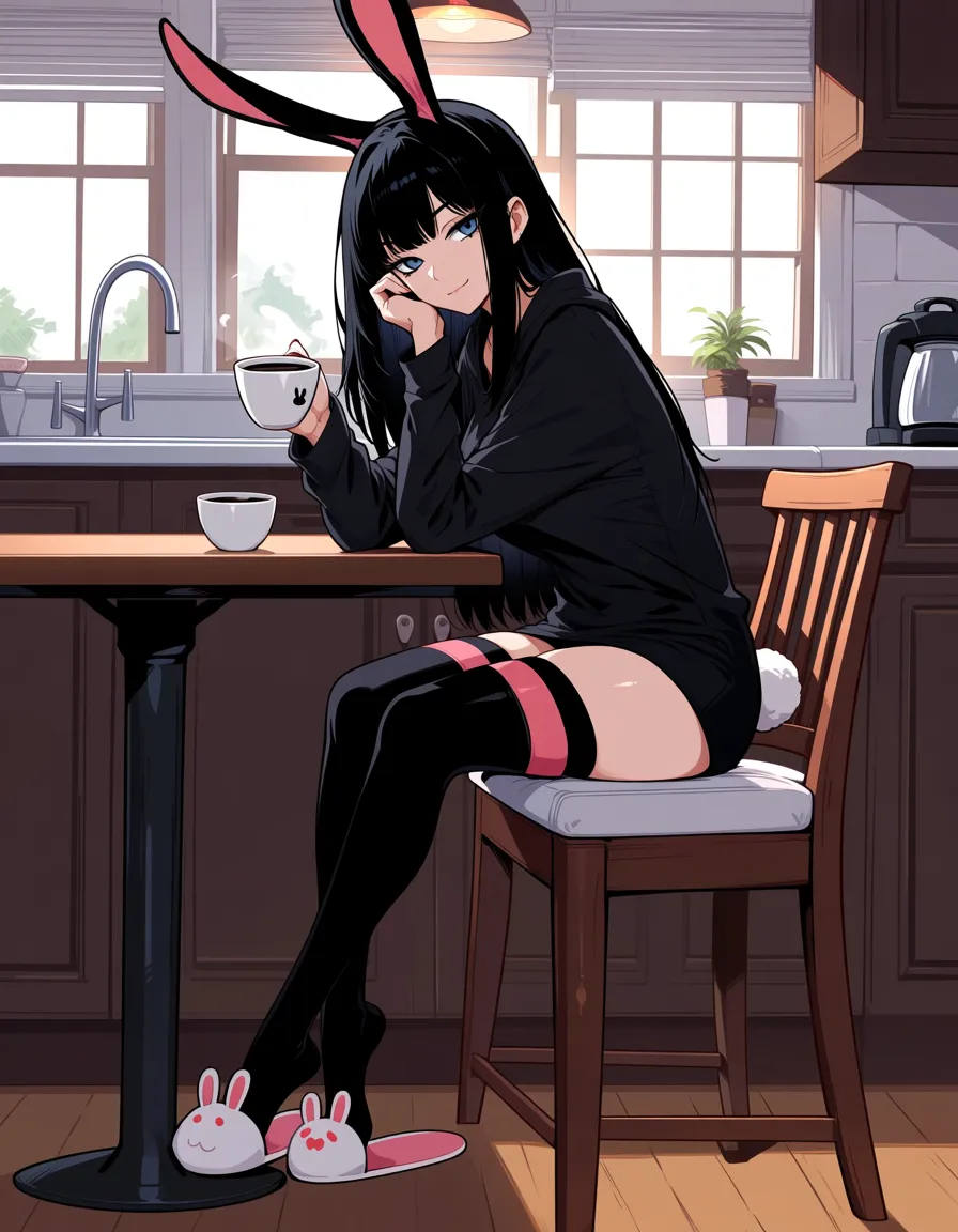 Perfect Anatomy, Perfect Hands, Perfect Feet, Perfect Proportions, 1girl, goth, rabbit ears, rabbit tail,  black hair, long hair, slippers, thighhighs, sitting, light smile, detailed background, queen of spades symbol, full body, submissive, holding coffee cup, looking_at_viewer, cute, morning, kitchen, table, submissive, heart-shaped_pupils, hentai_studio_quality