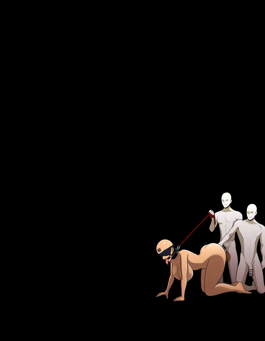 Bald woman (oiled , nude , bald , black barecode tattooed forehead , blindfold , huge_breasts , o-ring gag , collar , leash , on_all_fours and walking , anal_object_insertion , vaginal_object_insertion ). she is licking the floor, three-quarter view
The leash is hold by a white man. The man insert his finger in her anus.
BREAK, in a park (empty, wide, at night )., hentai_studio_quality