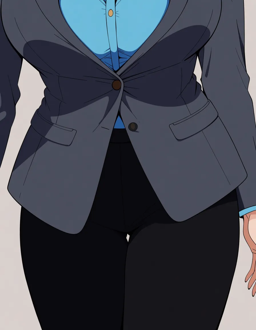 ultra detailed shading, Cathy, black tight pants, 1girl, solo female, big breasts, chestnut hair, long hair, dark gray jacket that is tucked into her pair of tight black pants, The upper part of her suit is unbuttoned, revealing a blue shirt underneath, glasses  doggy style, detailed shading., hentai_studio_quality