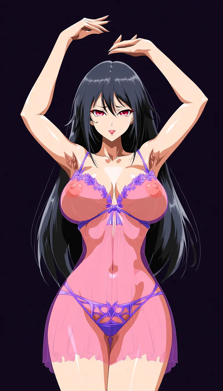 masterpiece, best quality, 1girl, presenting, mature_female, arms_up, mole_under_mouth, (anime style:1.3), 2d, anime screencap, cel shading, black_hair, lingerie, see-through_clothes, long_hair, hentai_studio_quality, armpit_crease, large_breasts, puffy_nipples hentai_studio_quality, (anime style:1.3), 2d, anime screencap, cel shading, flat color, @00osamio00, hentai_studio_quality, (anime style:1.3), 2d, anime screencap, cel shading, flat color, @00osamio00