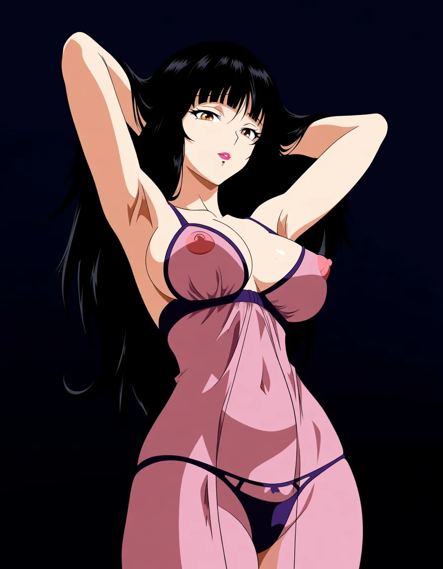 masterpiece, best quality, 1girl, presenting, mature_female, arms_up, mole_under_mouth, (anime style:1.3), 2d, anime screencap, cel shading, black_hair, lingerie, see-through_clothes, long_hair, hentai_studio_quality, armpit_crease, large_breasts, puffy_nipples hentai_studio_quality, (anime style:1.3), 2d, anime screencap, cel shading, flat color, @00osamio00, hentai_studio_quality, hentai_studio_quality