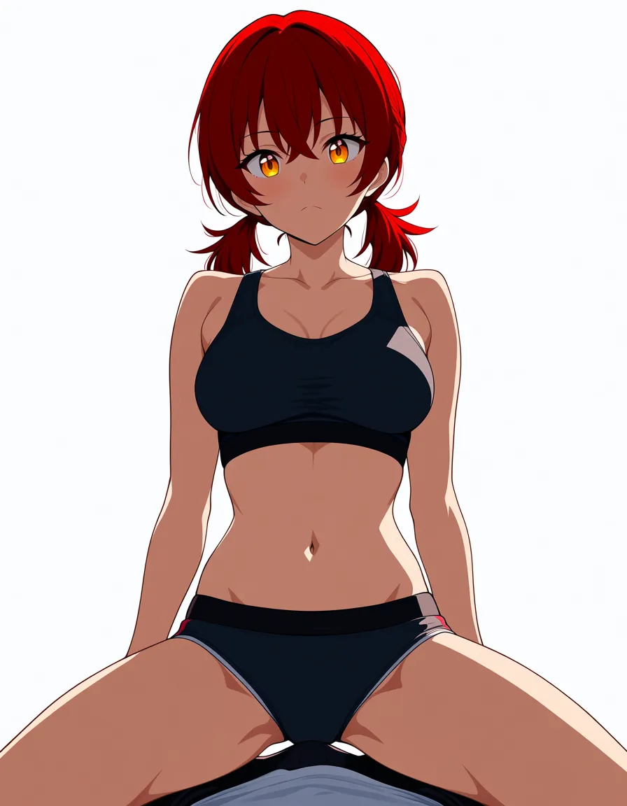 red haired anime woman with low  twintails and amber eyes riding a man in cowgirl_position. full_body view of the woman. She has medium and a toned athletic body. she is looking_at_viewer, hentai_studio_quality, hentai_studio_quality