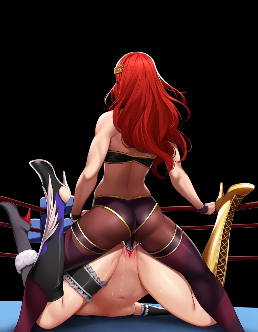 2girls , Best_quality, ultra_detailed, from_side , sarah_kerrigan_(starcraft) , queen_marika_(elden_ring),   yuri sex ,wrestling_ring wrestling defeated, pussy_juice squirting orgasm , sweat  strap-on doggystyle all_fours vaginal, hentai_studio_quality